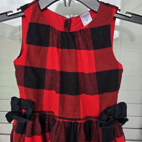Carter's Kid Red Black Plaid Girls Dress Sz 5 Lined 100% Cotton Side Bows - Picture 5 of 13